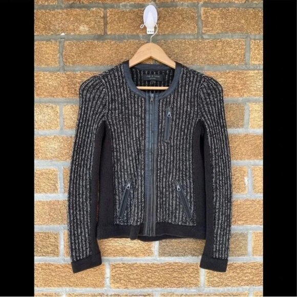 Rag & Bone Black and Silver Paula Knit Leather Trim Jacket XXS - Picture 4 of 11